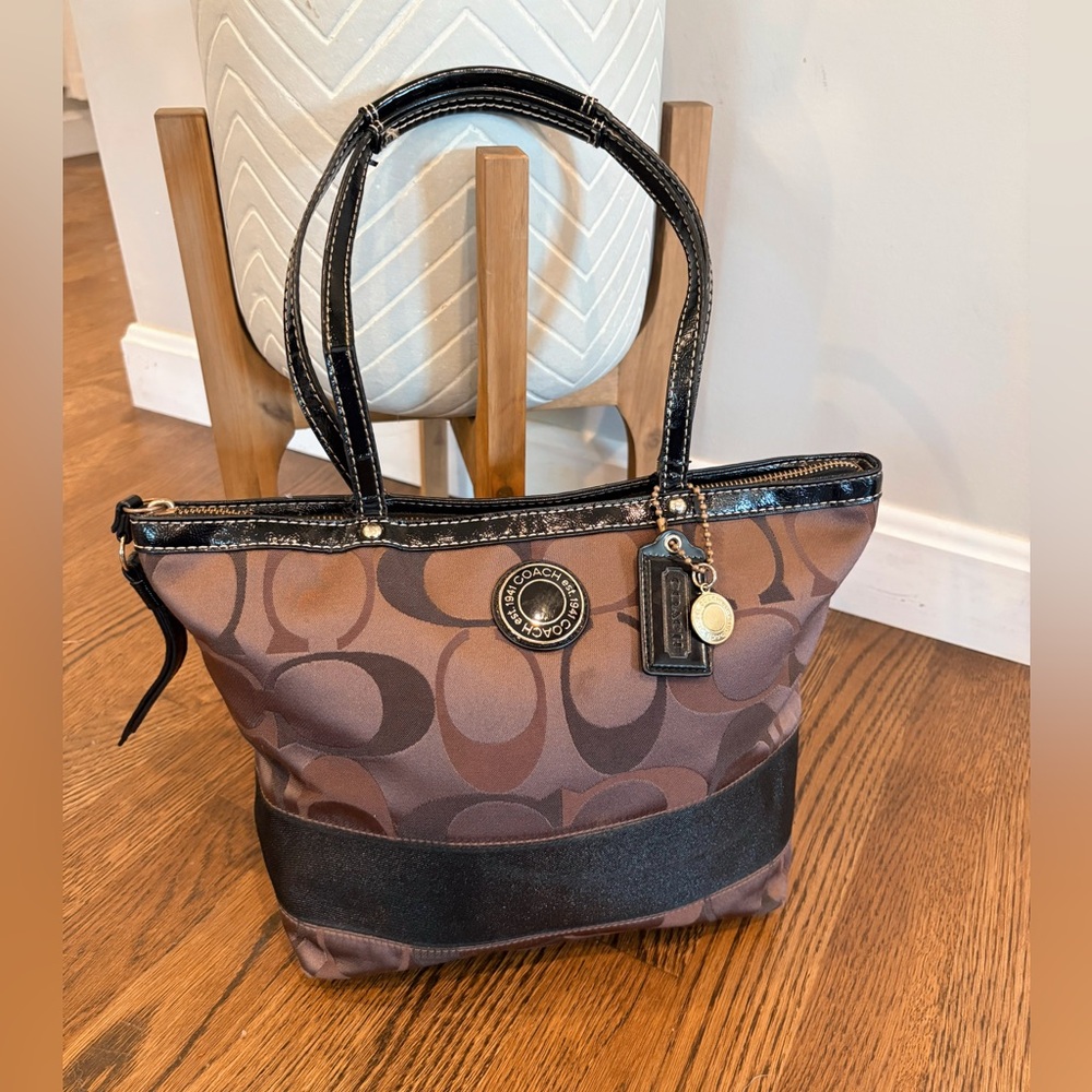 Coach Brown and Black Signature Shoulder Bag